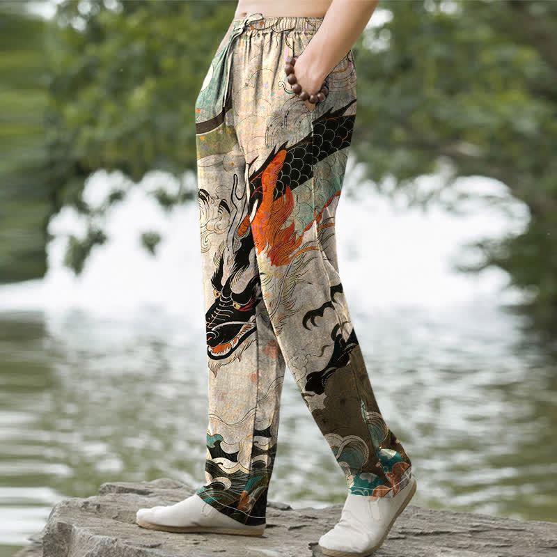Nimara Ritual Cotton Oriental Dragon Wave Pattern Men's Tapered Pants With Pockets