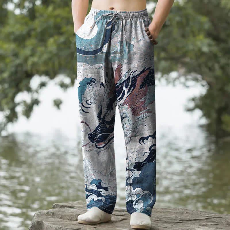 Nimara Ritual Cotton Oriental Dragon Wave Pattern Men's Tapered Pants With Pockets