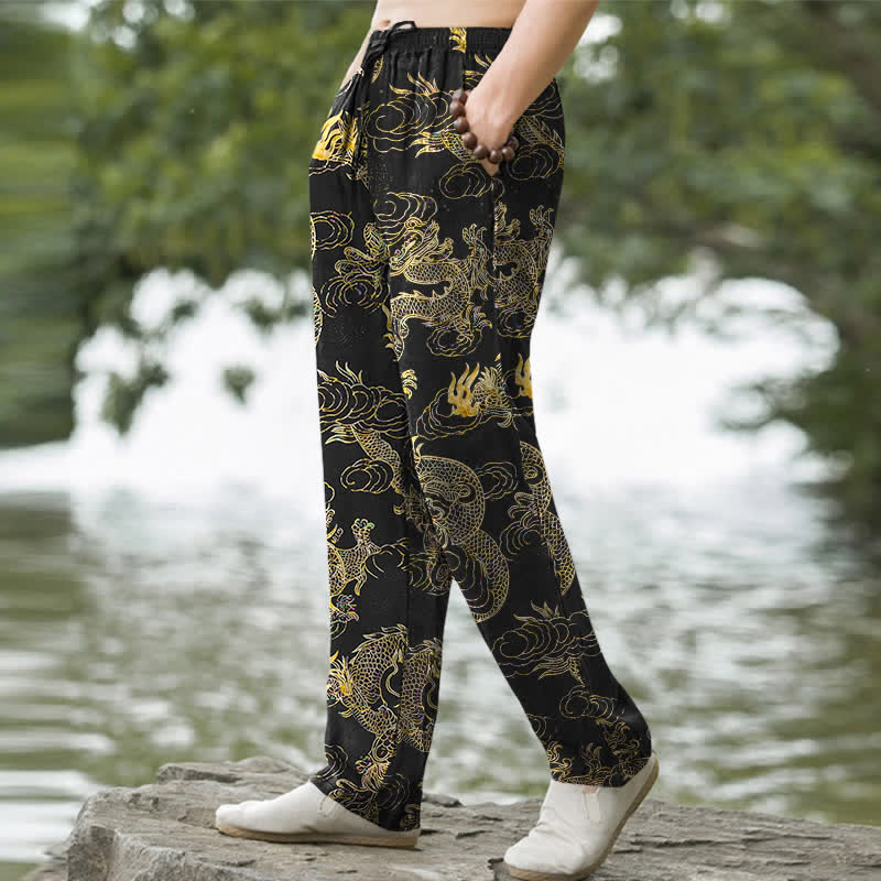 Nimara Ritual Cotton Golden Dragon Cloud Pattern Men's Tapered Pants With Pockets