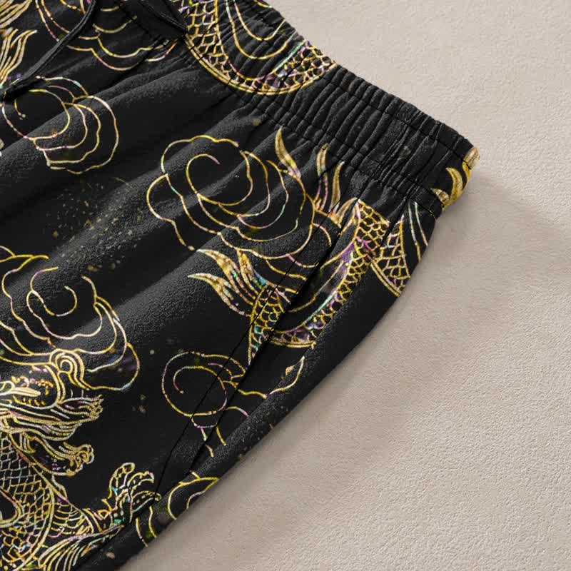 Nimara Ritual Cotton Golden Dragon Cloud Pattern Men's Tapered Pants With Pockets
