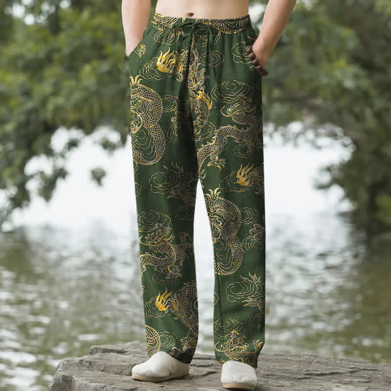 Nimara Ritual Cotton Golden Dragon Cloud Pattern Men's Tapered Pants With Pockets