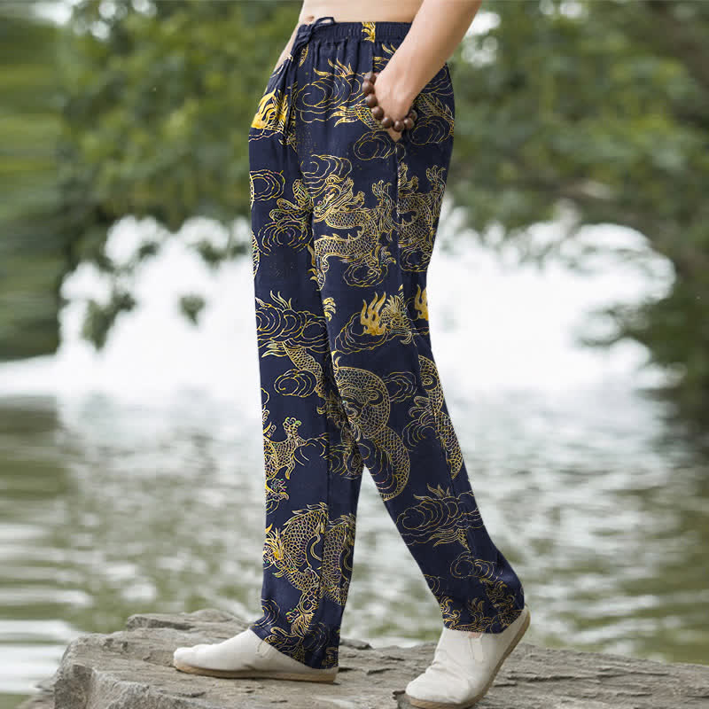 Nimara Ritual Cotton Golden Dragon Cloud Pattern Men's Tapered Pants With Pockets