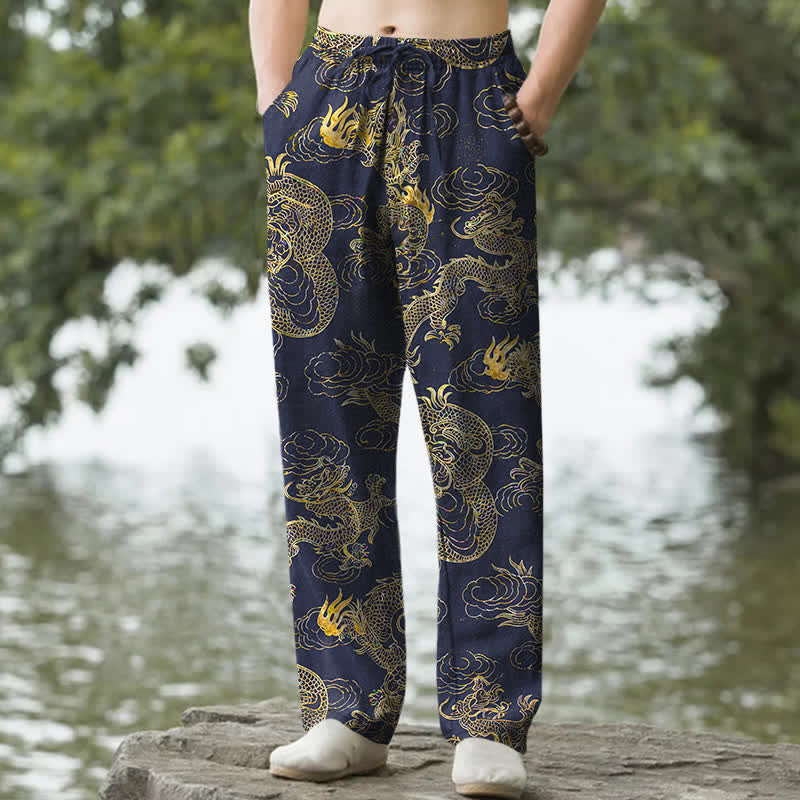 Nimara Ritual Cotton Golden Dragon Cloud Pattern Men's Tapered Pants With Pockets