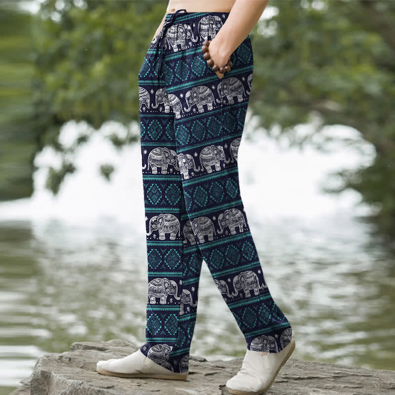 Nimara Ritual Cotton Elephant Geometric Stripe Pattern Men's Tapered Pants With Pockets