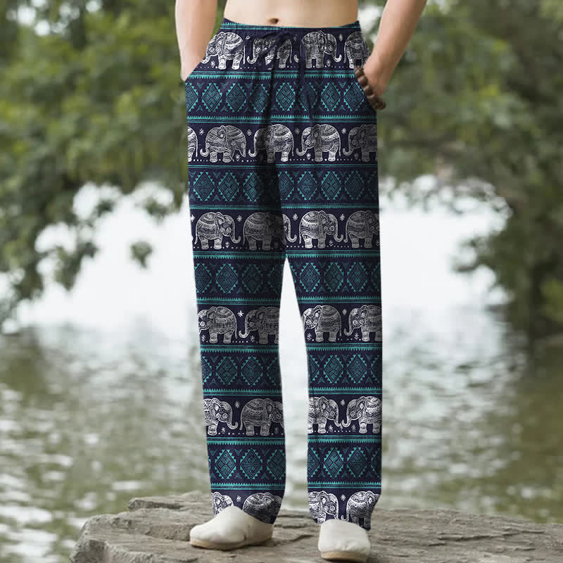 Nimara Ritual Cotton Elephant Geometric Stripe Pattern Men's Tapered Pants With Pockets