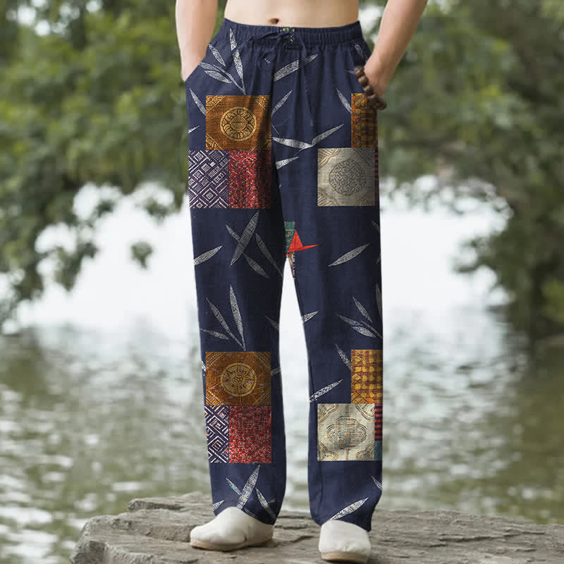 Nimara Ritual Cotton Bohemian Patchwork Leaf Pattern Men's Tapered Pants With Pockets