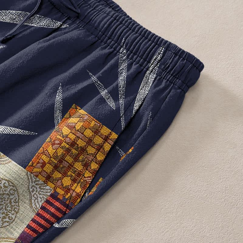 Nimara Ritual Cotton Bohemian Patchwork Leaf Pattern Men's Tapered Pants With Pockets