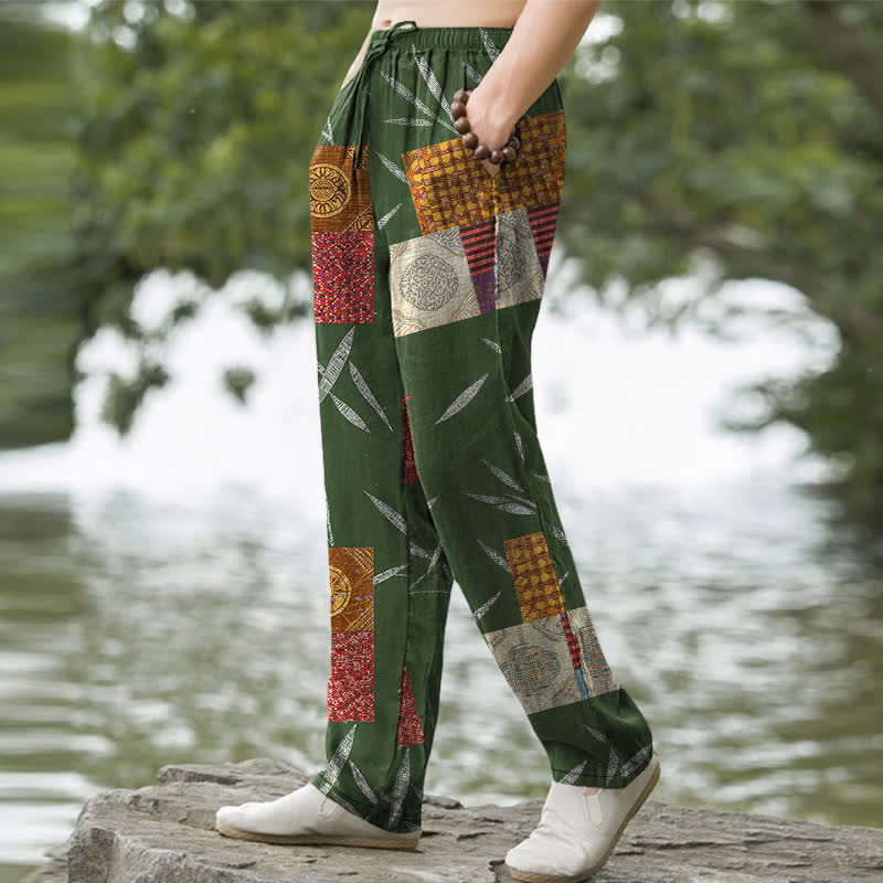Nimara Ritual Cotton Bohemian Patchwork Leaf Pattern Men's Tapered Pants With Pockets