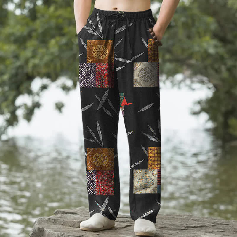Nimara Ritual Cotton Bohemian Patchwork Leaf Pattern Men's Tapered Pants With Pockets
