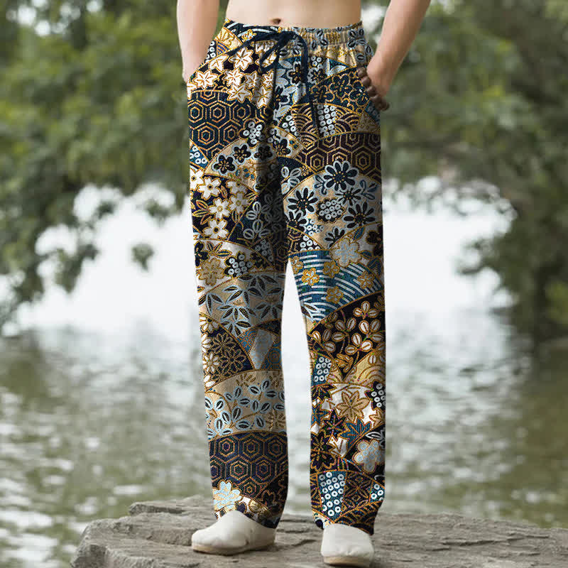 Nimara Ritual Cotton Bohemian Patchwork Pattern Men's Tapered Pants With Pockets