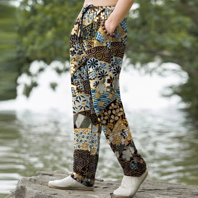 Nimara Ritual Cotton Bohemian Patchwork Pattern Men's Tapered Pants With Pockets