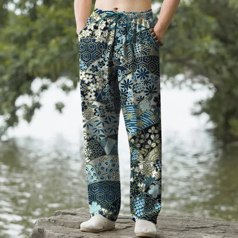 Nimara Ritual Cotton Bohemian Patchwork Pattern Men's Tapered Pants With Pockets