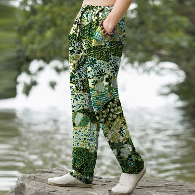 Nimara Ritual Cotton Bohemian Patchwork Pattern Men's Tapered Pants With Pockets