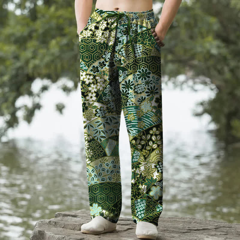 Nimara Ritual Cotton Bohemian Patchwork Pattern Men's Tapered Pants With Pockets
