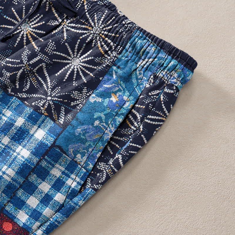 Nimara Ritual Cotton Patchwork Floral Pattern Men's Tapered Pants With Pockets