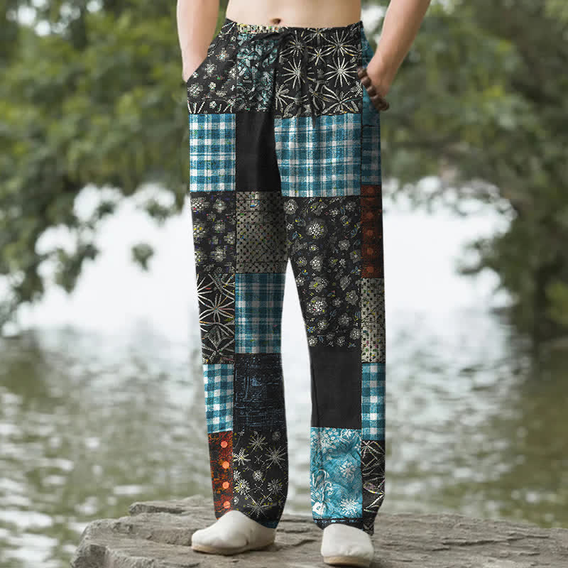Nimara Ritual Cotton Patchwork Floral Pattern Men's Tapered Pants With Pockets