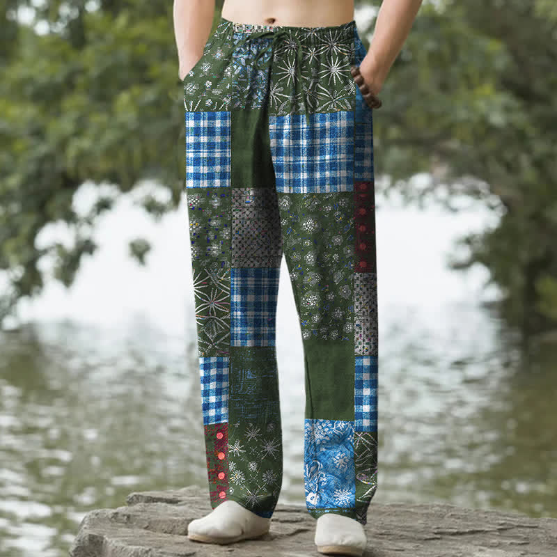 Nimara Ritual Cotton Patchwork Floral Pattern Men's Tapered Pants With Pockets