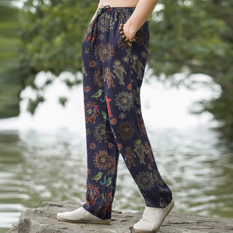 Nimara Ritual Cotton Bohemian Sun Figure Pattern Men's Tapered Pants With Pockets