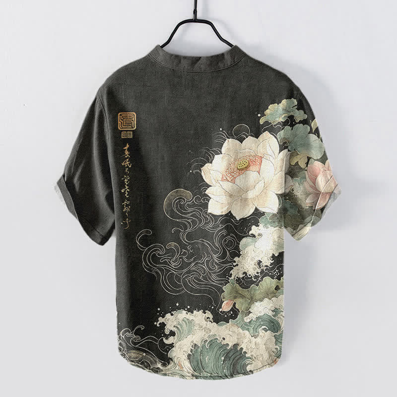 Nimara Ritual Cotton Lotus Wave Pattern Men's Short Sleeve Half Button Shirt