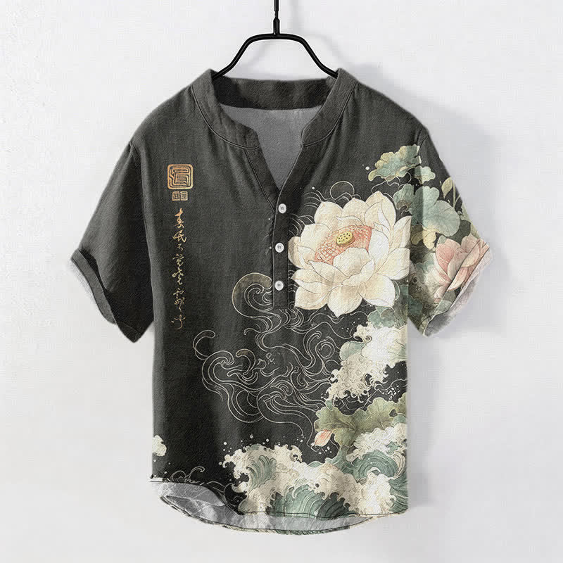 Nimara Ritual Cotton Lotus Wave Pattern Men's Short Sleeve Half Button Shirt