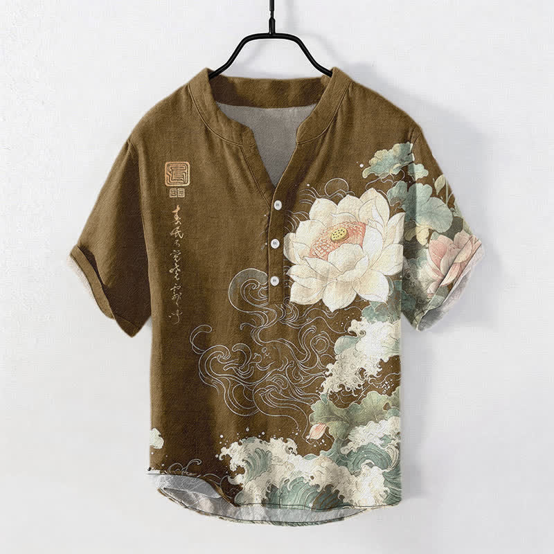 Nimara Ritual Cotton Lotus Wave Pattern Men's Short Sleeve Half Button Shirt