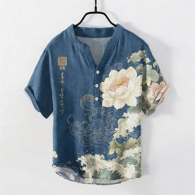 Nimara Ritual Cotton Lotus Wave Pattern Men's Short Sleeve Half Button Shirt
