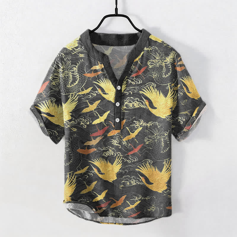 Nimara Ritual Cotton Flying Crane Wave Pattern Men's Short Sleeve Half Button Shirt