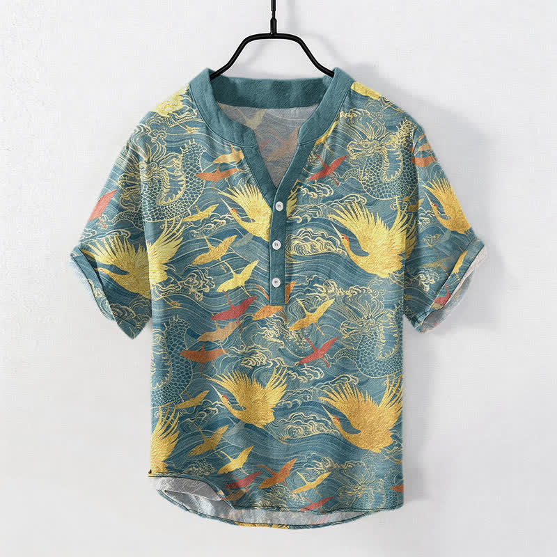 Nimara Ritual Cotton Flying Crane Wave Pattern Men's Short Sleeve Half Button Shirt