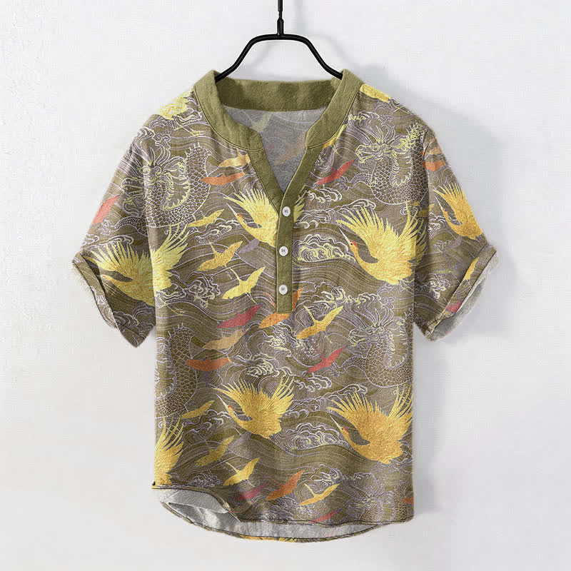 Nimara Ritual Cotton Flying Crane Wave Pattern Men's Short Sleeve Half Button Shirt