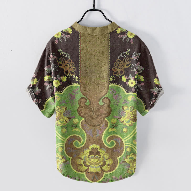 Nimara Ritual Cotton Baroque Floral Pattern Men's Short Sleeve Half Button Shirt