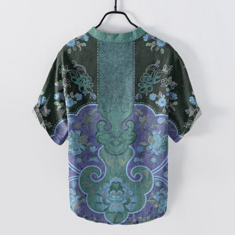 Nimara Ritual Cotton Baroque Floral Pattern Men's Short Sleeve Half Button Shirt
