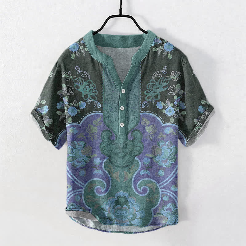 Nimara Ritual Cotton Baroque Floral Pattern Men's Short Sleeve Half Button Shirt