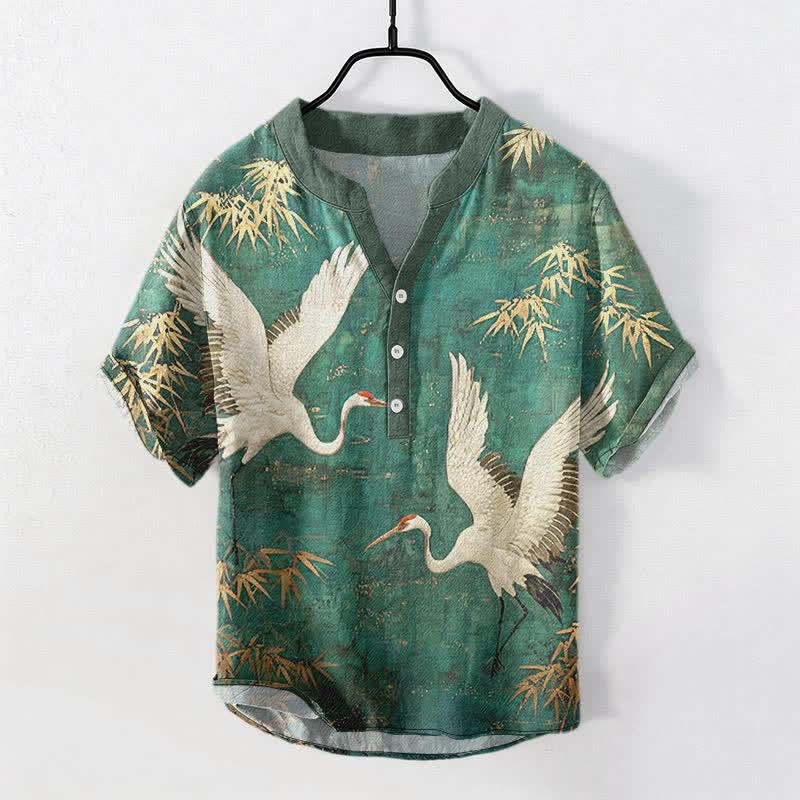 Nimara Ritual Cotton Crane Bamboo Pattern Men's Short Sleeve Half Button Shirt