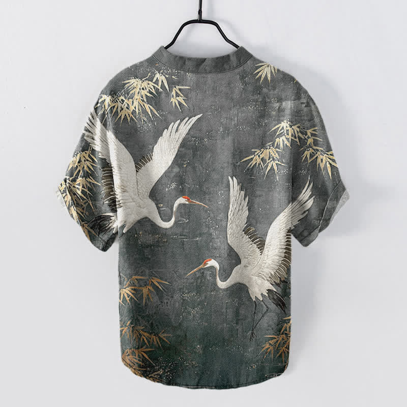 Nimara Ritual Cotton Crane Bamboo Pattern Men's Short Sleeve Half Button Shirt