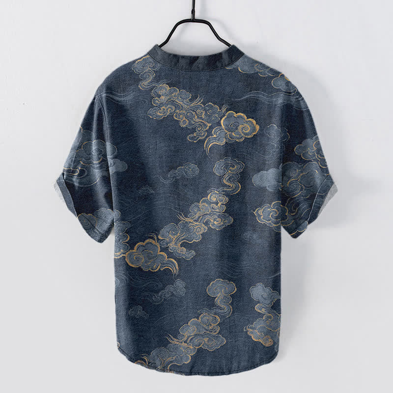 Nimara Ritual Cotton Auspicious Cloud Pattern Men's Short Sleeve Half Button Shirt
