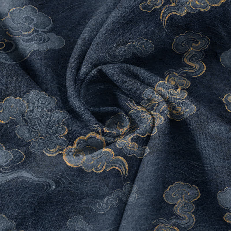 Nimara Ritual Cotton Auspicious Cloud Pattern Men's Short Sleeve Half Button Shirt