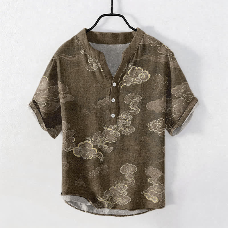 Nimara Ritual Cotton Auspicious Cloud Pattern Men's Short Sleeve Half Button Shirt