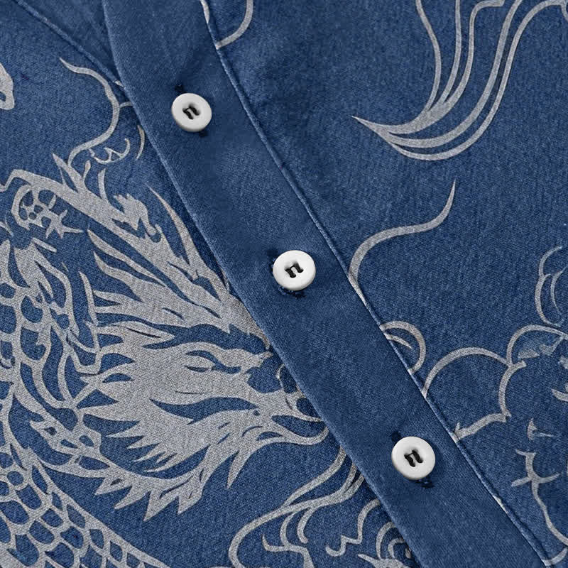 Nimara Ritual Cotton White Dragon Cloud Pattern Men's Short Sleeve Half Button Shirt