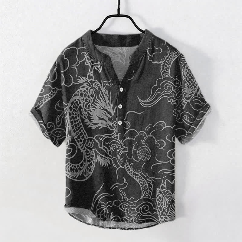 Nimara Ritual Cotton White Dragon Cloud Pattern Men's Short Sleeve Half Button Shirt