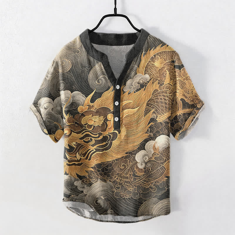 Nimara Ritual Cotton Golden Dragon Pattern Men's Short Sleeve Half Button Shirt