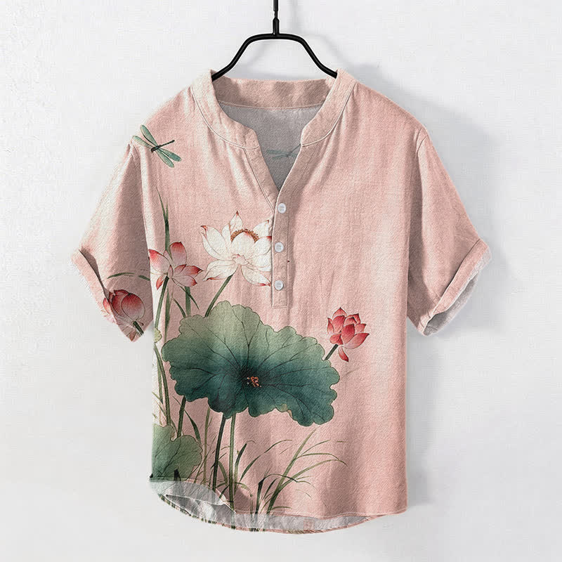 Nimara Ritual Cotton Lotus Dragonfly Pattern Men's Short Sleeve Half Button Shirt