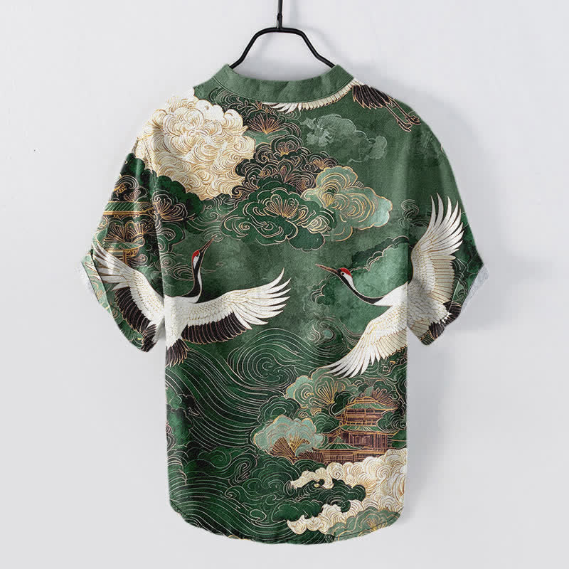 Nimara Ritual Cotton Crane Cloud Pattern Men's Short Sleeve Half Button Shirt