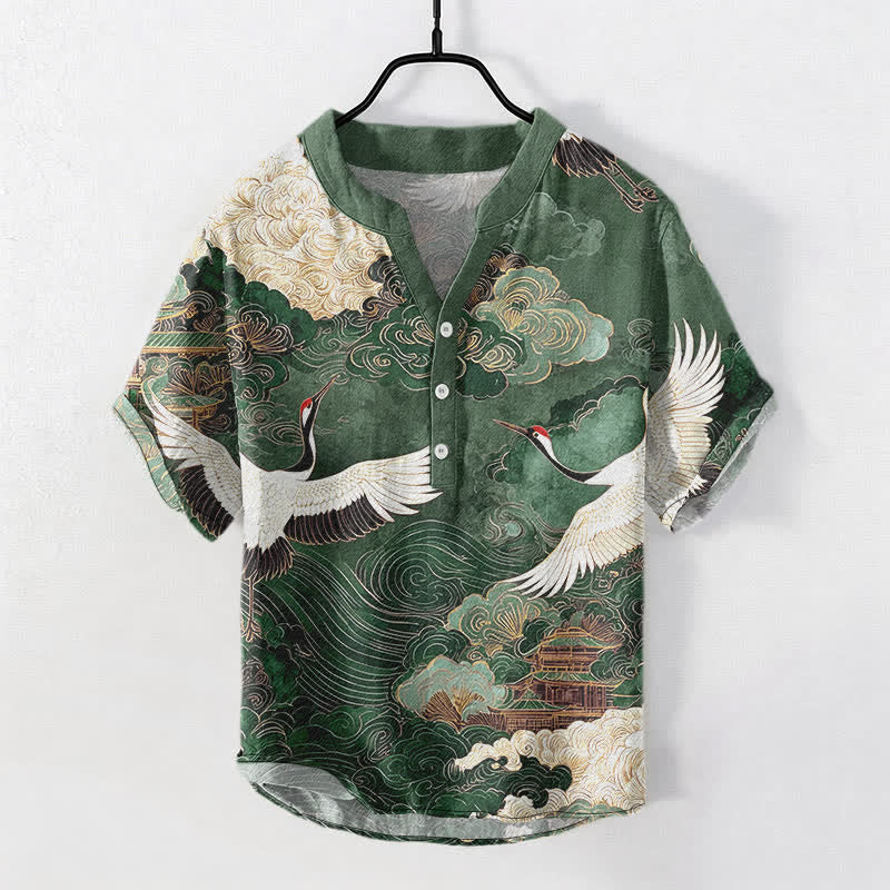 Nimara Ritual Cotton Crane Cloud Pattern Men's Short Sleeve Half Button Shirt