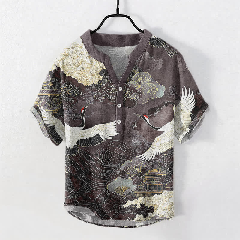 Nimara Ritual Cotton Crane Cloud Pattern Men's Short Sleeve Half Button Shirt