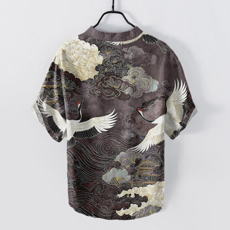 Nimara Ritual Cotton Crane Cloud Pattern Men's Short Sleeve Half Button Shirt