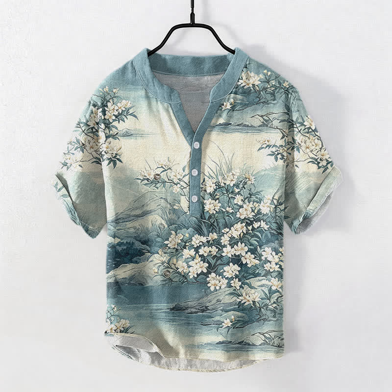 Nimara Ritual Cotton Landscape Floral Pattern Men's Short Sleeve Half Button Shirt