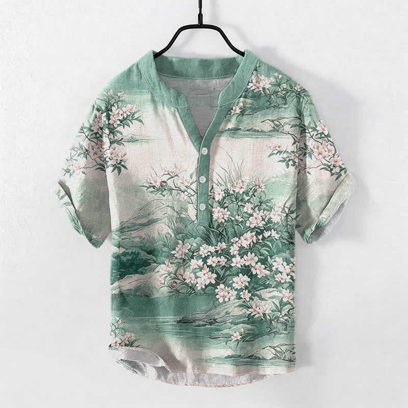 Nimara Ritual Cotton Landscape Floral Pattern Men's Short Sleeve Half Button Shirt