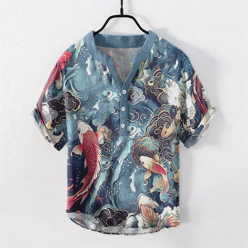 Nimara Ritual Cotton Koi Fish Wave Pattern Men's Short Sleeve Half Button Shirt