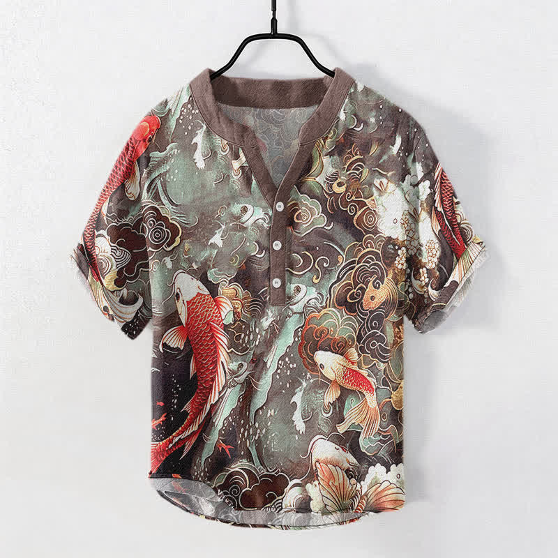 Nimara Ritual Cotton Koi Fish Wave Pattern Men's Short Sleeve Half Button Shirt