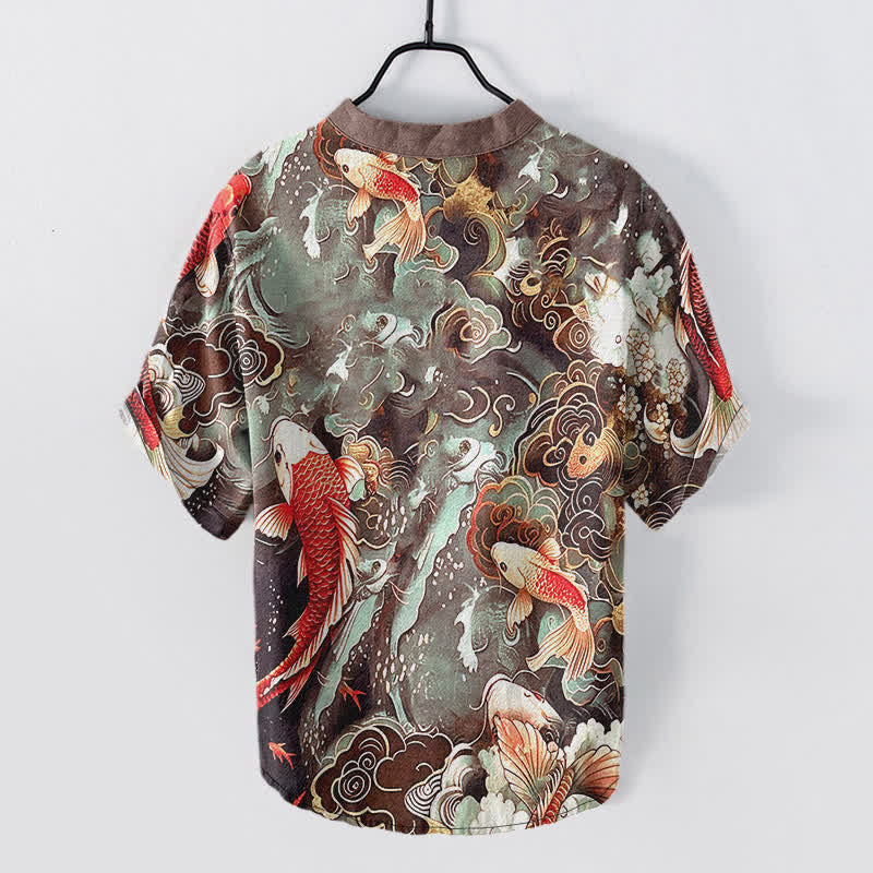 Nimara Ritual Cotton Koi Fish Wave Pattern Men's Short Sleeve Half Button Shirt